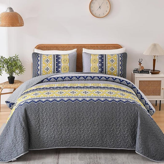 WONGS BEDDING 3 Pieces Quilt Set Queen Size, Grey Yellow Quilt Bedspread Lightweight Bohemian Coverlet Set with 2 Pillowcase, Soft Geometry Printed Bedding Set Queen for All Season 96"×90"