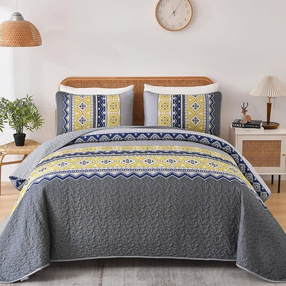WONGS BEDDING 3 Pieces Quilt Set King Size, Grey Yellow Quilt Bedspread Lightweight Bohemian Coverlet Set with 2 Pillowcase, Soft Geometry Printed Bedding Set King for All Season 104"×90"