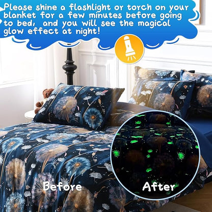 Glow in The Dark Kids Comforter Set, 7 Pieces Blue Dandelion Bedding Set Full Size for Boys Girls Teen, 1 Comforter, 2 Pillowcases, 2 Pillow Shams, 1 Flat Sheet, 1 Fitted Sheet