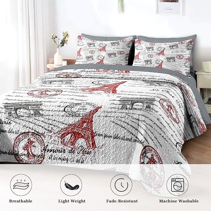Quilt Set Twin Size, Paris Vintage Eiffel Tower 2 Pcs Soft Bed Cover Bedding Set for Kids and Adults, France Old Iron Lightweight Bedspread Coverlet with Pillow Sham for All Season