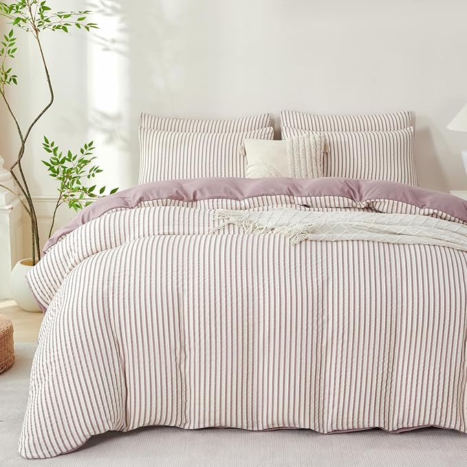 Comforter Set Queen Size Soft Luxury Washed Microfiber Jacquard 3 Pieces Bedding, White Grayish Purple Vertical Ticking Stripes Pattern Comforter with 2 Pillowcases Breathable Durable Comfy