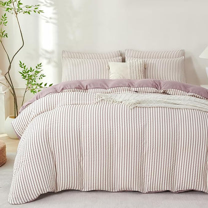 Comforter Set Queen Size Soft Luxury Washed Microfiber Jacquard 3 Pieces Bedding, White Grayish Purple Vertical Ticking Stripes Pattern Comforter with 2 Pillowcases Breathable Durable Comfy