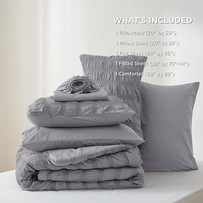 Bedsure Bed in a Bag Twin - 5 Pieces Plaid Seersucker Bedding Comforter Sets, Soft Lightweight Grey Boho Bed Set with Comforters Twin Size, Sheets, Pillowcase & Sham