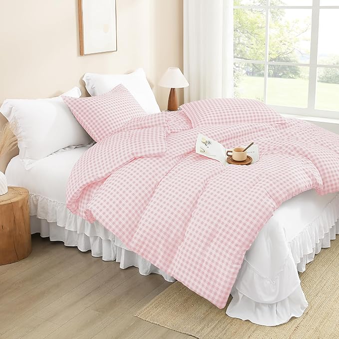 Andency Pink Gingham Comforter Set Queen(90x90Inch), Blush Checkered Grid Plaid Buffalo Bed Set for Girls Boys Kids Teens, 3 Pieces Lightweight Polyester Geometric Preppy Bedding