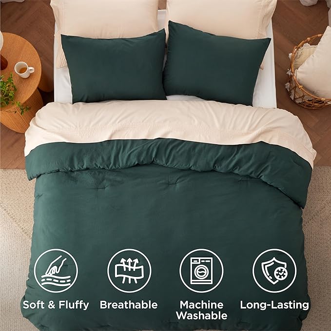 Bedsure Queen Comforter Set, Forest Green Soft Prewashed Bedding for All Seasons, 3 Pieces GentleSoft™ Bed Set, 1 Lightweight Comforter (90"x90") and 2 Pillowcases (20"x26")