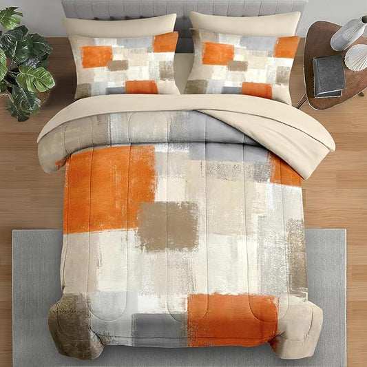 Comforter Set Queen Size, Beige Grey Abstract Painting 7 Pcs Bedding for Kids and Adults, Orange Gray Contemporary Bed Sheet Sets with Fitted Sheet 2 Pillowcase & 2 Sham for Bedroom Bed Decor