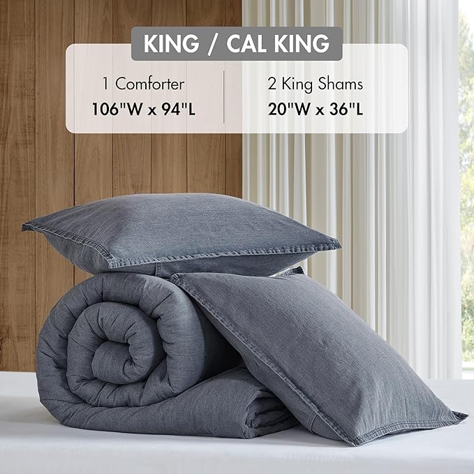 Woolrich King Comforter Set Cotton Stone Washed, Oversized Comforters King Size Bed, All Season Down Alternative Overfilled King Size Comforter, McKenzie, King/Cal King Blue 3 Piece
