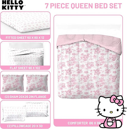 Jay Franco Comforter Set Includes Sheets and Pillow Covers - Soft and Cozy Bed Set for Stylish Room Decor, Official Licensed Bedding, Multi - Hello Kitty, 7 Piece Queen