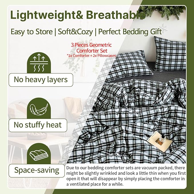 EAVD Vintage Gingham Comforter Set Full Soft 100% Washed Cotton Chic Light Blue Grey Buffalo Plaid Comforter Set with 2 Pillowcases Farmhouse Geometric Pattern Bedding Set for All-Season