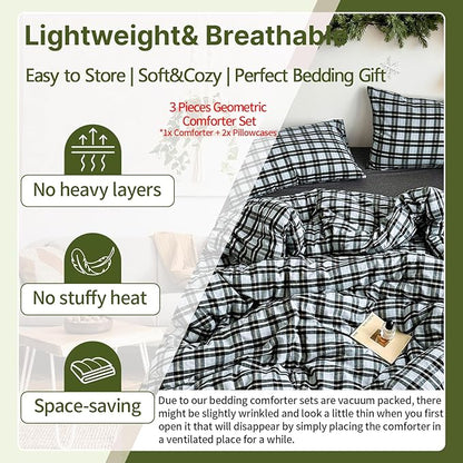EAVD Vintage Gingham Comforter Set King Soft 100% Washed Cotton Chic Light Blue Grey Buffalo Plaid Comforter Set with 2 Pillowcases Farmhouse Geometric Pattern Bedding Set for All-Season