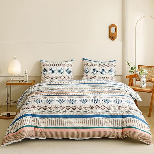 KAREVER Boho Comforter Queen Aztec Bedding Set Southwest Theme 3 PCs Bohemian Comforter Set Blue White Queen Size Comforter (90x90 Inches) with 2 Pillowcases (26x26 inches)