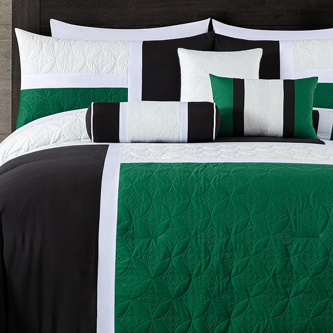 Chezmoi Collection Upland 7-Piece Quilted Patchwork Comforter Set, Green/Black/Cream White, Queen