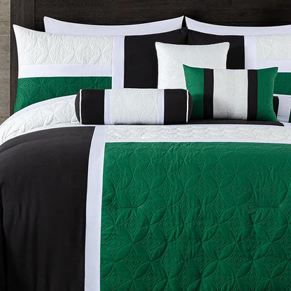 Chezmoi Collection Upland 7-Piece Quilted Patchwork Comforter Set, Green/Black/Cream White, California King