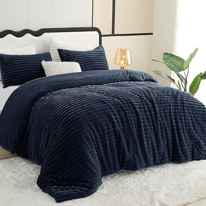 CozyLux Fluffy King Size Comforter Set - Super Soft Faux Fur Navy Blue Comforter King Size, Winter Warm Fleece Bedding Set, 3 Pieces Plush Fuzzy Bed Set (1 Shaggy Comforter, 2 Pillowcases)