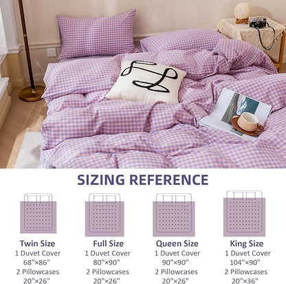 EAVD Vintage Purple Gingham Duvet Cover King Soft 100% Washed Cotton Modern Purple Pink Grid Plaid Duvet Cover with 2 Pillowcases Reversible Geometric Pattern Bedding Set with Zipper Closure