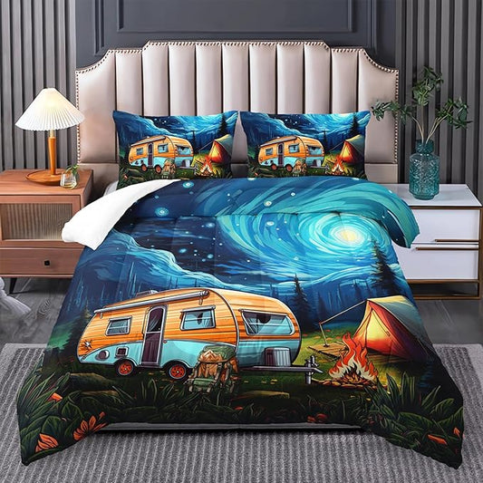 Short Full Quilt Bedding Set for RV Camper - Camping Theme Comforter Set, Vintage Rustic Farmhouse Boho Travel-Inspired Design