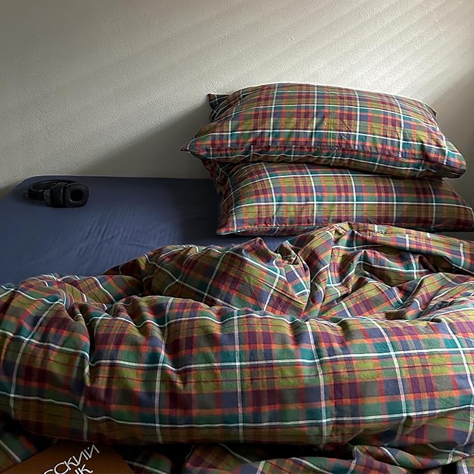 MKXI Buffalo Plaid Duvet Cover Set 3 Piece Vintage Bedding in Kelly Green, Navy & Red | 100% Washed Cotton Reversible Design with Zipper Closure & Corner Ties,Shabby Chic Aesthetic for Queen