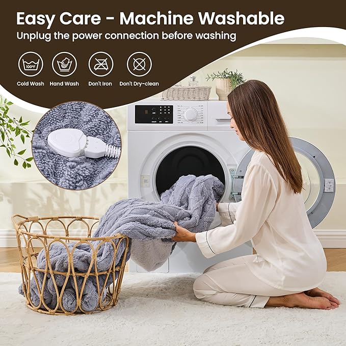 Heated Blanket Electric Blanket 62"x84", Soft Taffeta Sherpa Electric Throw with 5 Heating Level & 1-12 Hour Auto Off, Heated Throw with Overheating Protection, Machine Washable(Light Grey)