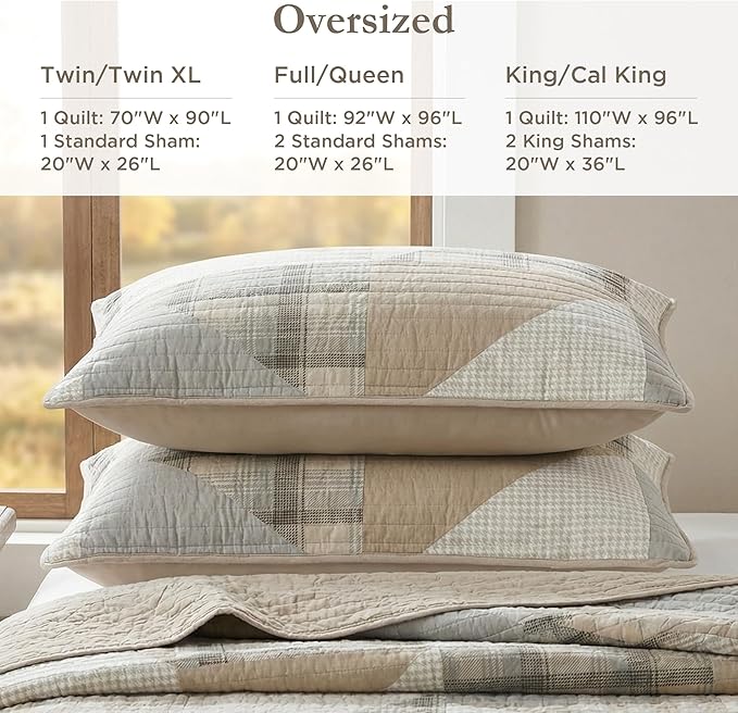 Woolrich Olsen Reversible Quilt Set - Cottage Styling Reversed to Solid Color, All Season Lightweight Coverlet, Cozy Bedding Layer, Matching Shams, Oversized King/Cal King Geometric Plaid Tan 3 Piece