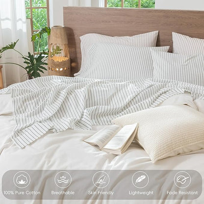 MooMee Striped Sheet Set 100% Washed Cotton Linen Like Textured Breathable Durable Soft Comfy (White Heathered Green Wide Stripes, Queen)
