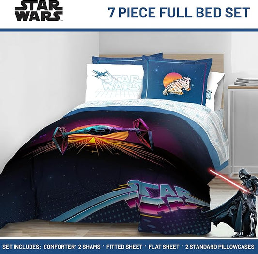 Jay Franco Kids Comforter Set Includes Sheets and Pillow Covers - Soft and Cozy Bed Set for Stylish Room Decor, Blue - Star Wars 02, 7 Piece Full Size Bedding