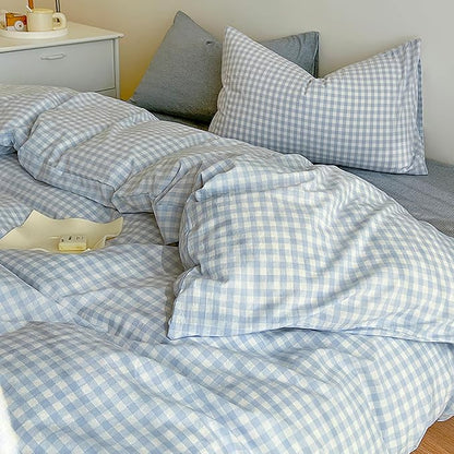 BOLINLIVING Gingham King Comforter Set 3 Pieces, Soft Breathable Bed in a Bag King Size, Light Blue White Checkered Plaid Bedding Set for All Season, 1 Comforter & 2 Pillowcases