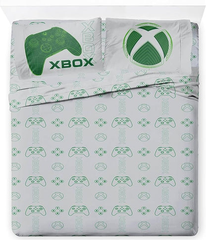 Jay Franco Kids Sheet Cartoon Set with Fitted, Flat Sheets & Pillow Cover - Ultra-Soft Bedding with Pillowcase for Room Decor, White - Xbox, 4 Piece Full