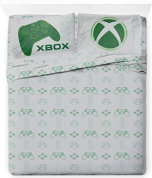 Jay Franco Kids Sheet Cartoon Set with Fitted, Flat Sheets & Pillow Cover - Ultra-Soft Bedding with Pillowcase for Room Decor, White - Xbox, 4 Piece Full