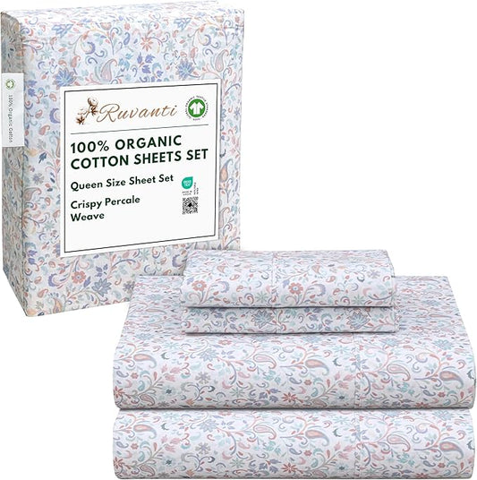 RUVANTI 100% Organic Cotton Sheets Queen Size, Percale Weave, GOTS Certified, 4-Piece Set, Deep Pocket 15", Crisp & Breathable, Soft Durable Bedding, Sábanas Algodón Orgánico – Multi Paisley