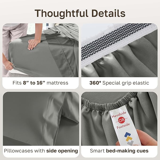 California Design Den Queen Sheets Set - 1000 Thread Count Sateen, Thick and Natural 100% Cotton Sheets, Deep Pockets, Durable Bedding Set - Grey
