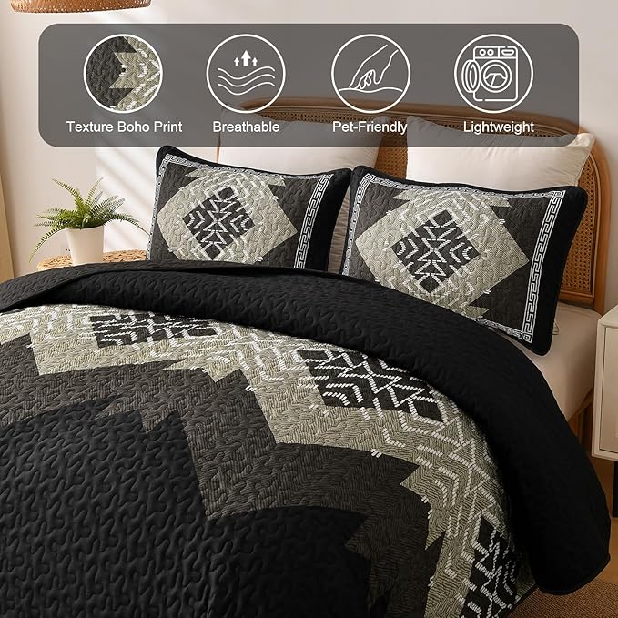Dintszyayue Boho Quilt Set King Size, Black Aztec Texture Bedspread Set, 3 Pieces Texture Southwestern Bedding Set, Soft Lightweight Coverlet Set for All Season Bedding with 2 Pillowcases