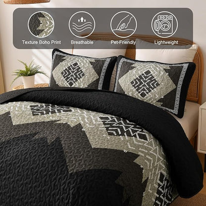 Dintszyayue Boho Quilt Set King Size, Black Aztec Texture Bedspread Set, 3 Pieces Texture Southwestern Bedding Set, Soft Lightweight Coverlet Set for All Season Bedding with 2 Pillowcases