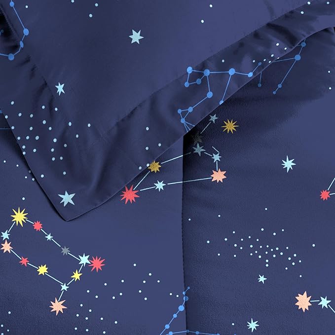 Dream Factory Kids 5-Piece Complete Bed Set Easy-Wash Super Soft Microfiber Comforter Bedding, Twin, Navy Blue Zodiac