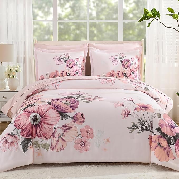 King Size Comforter Set - 7 Pieces Floral Comforter and Sheet Set, Pink King Size Bed in a Bag, Soft Microfiber Flower Complete Bedding Set for All Seasons（Pink,104"x90"）