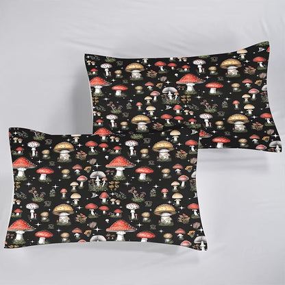 Mushroom Comforter Set Full/Queen Size Black Burgundy Plant Bedding for Kids Girls Teen Women Bedroom Decor Woodland Quilt Bed Sets, 1 Comforter 2 Pillowcases