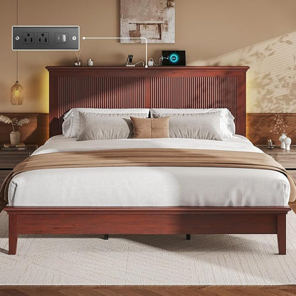 Lifezone King Bed Frame with Headboard, Solid Wood Bed Frame King Size with Charging Station & RGB LED, Wood Slats Support, Noise-Free, Sturdy Structure, Easy Assembly, Mahogany