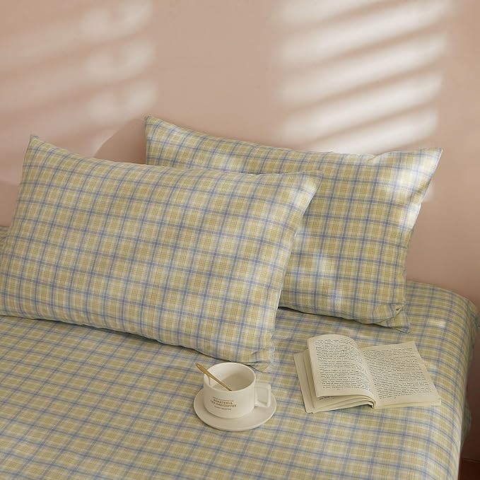 EAVD Modern Gingham Duvet Cover King Soft Washed Cotton Yellow Blue Grid Plaid Bedding Set with 2 Pillowcases Farmhouse Reversible Plaid Checkered Duvet Cover with Zipper Closure