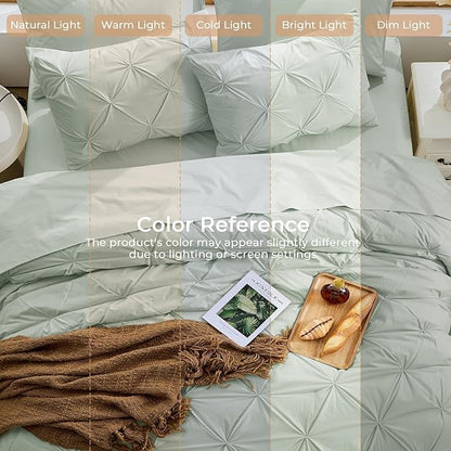 Sasttie California King Comforter Set, 7-Piece Bed in a Bag, Pintuck Bedding Sets for All Season, Includes Comforter, Flat Sheet, Fitted Sheet, Pillowcases and Pillowshams, Dusty Green