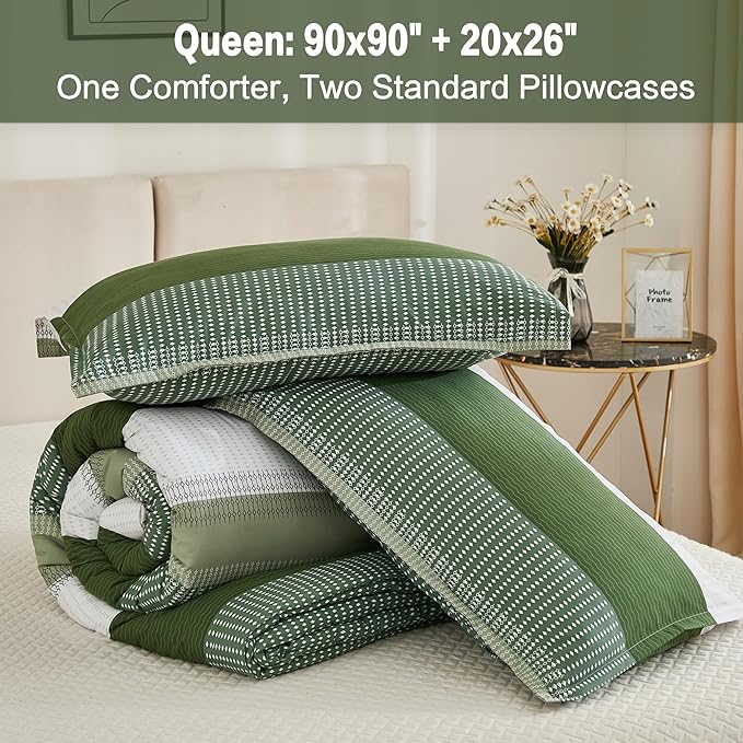 Litanika Olive Green Comforter Set Queen - 3 Pieces Lightweight Olive Green White Colorblock Stripe Fluffy Bedding Comforter Sets, All Season Bed Set