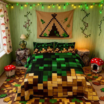 Pixelated Miners Blocks Kid Comforter Set Twin Size,Patchwork Video Games Bedding Set Boy Girl Room Decor,Geometric Patchwork Grid Quilt Comforter,Green Yellow Duvet Set Bedroom Quilt Set,1 Pillowcase