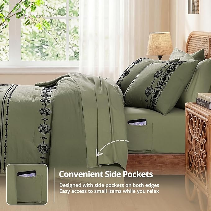 MaiRêve Full Size Comforter Set Olive Green, Embroidery Floral Western Boho Bedding Set, All Season 7 Pieces Bed in a Bag with Sheets, Pillowcases & Shams