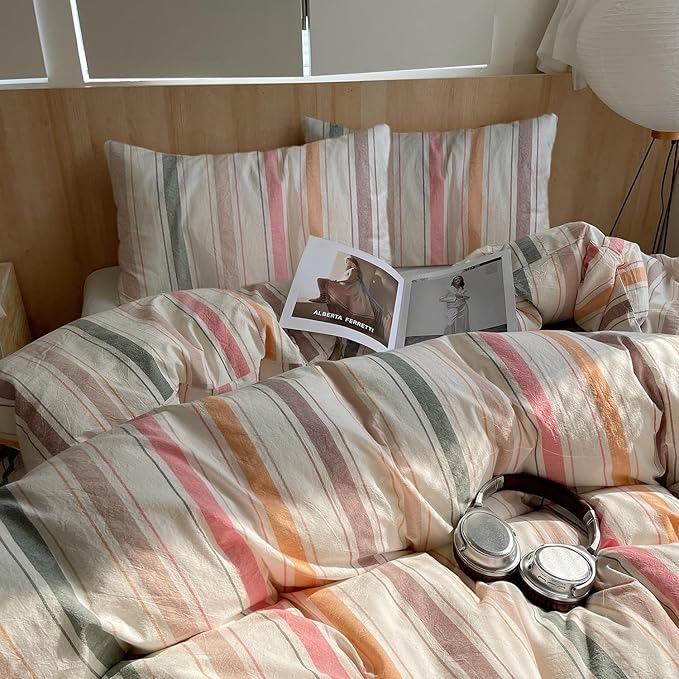 Striped King Size Comforter Down Alternative Washed Cotton Bedding Set Cozy Boho Fluffy Colorful Bedding Comforter Sets Farmhouse Soft All Season Cute Bed Comforter with 2 Pillowcases