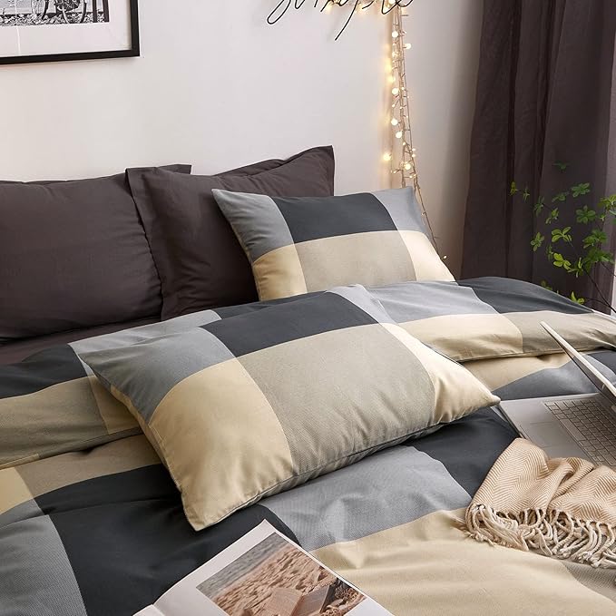 VM VOUGEMARKET Full Comforter Set,3 Pieces Black Gray Plaid Bedding Comforter with 2 Pillowcases Modern Simple Checkered Comforter Set for Teens Boys Men-80x90 Inch