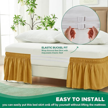 Biscaynebay Wrap Around Bed Skirts for King & Cal King Beds 18" Drop, Christmas Gold Adjustable Elastic Dust Ruffles Easy Fit Wrinkle Resistant Silky Luxurious Fabric Machine Washable