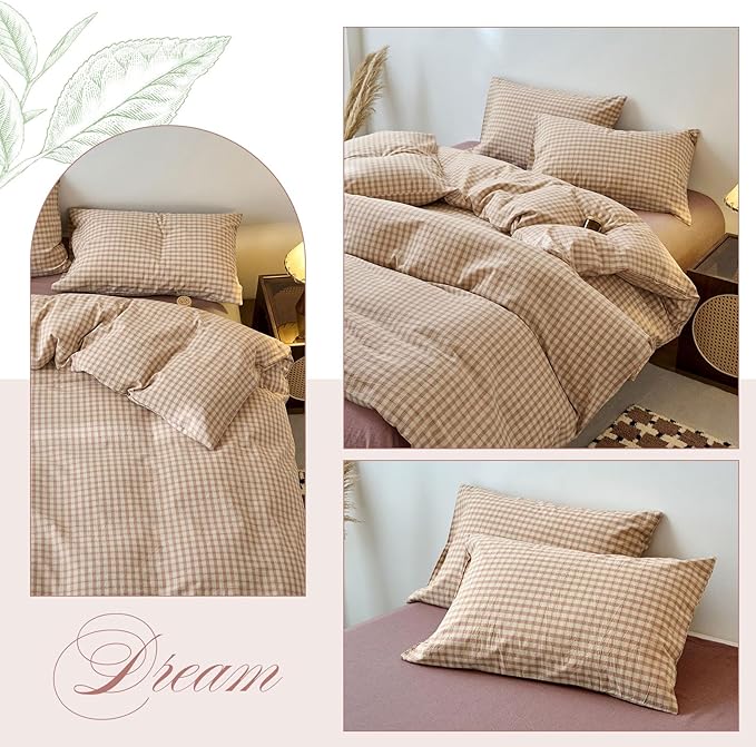 EAVD Vintage Style Pink&Tan Plaid Duvet Cover Twin Soft 100% Washed Cotton Chic Checkered Gingham Bedding Set with 2 Pillowcases Farmhouse Gingham Duvet Cover with Zipper Closure