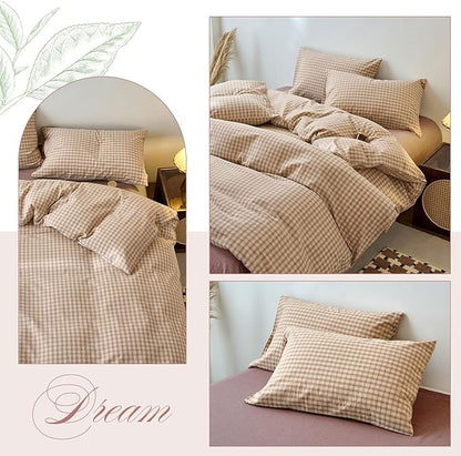 EAVD Vintage Style Pink&Tan Plaid Duvet Cover Twin Soft 100% Washed Cotton Chic Checkered Gingham Bedding Set with 2 Pillowcases Farmhouse Gingham Duvet Cover with Zipper Closure