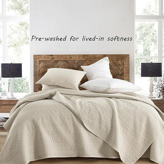 HORIMOTE HOME Quilt Set Twin Size Light Beige, Soft Lightweight Pre-Washed Microfiber Circle Stitches Twin Quilt Bedding Set, All Season Spring Summer Bedspread Coverlet, 1 Pillow Sham, 68x86 Inches