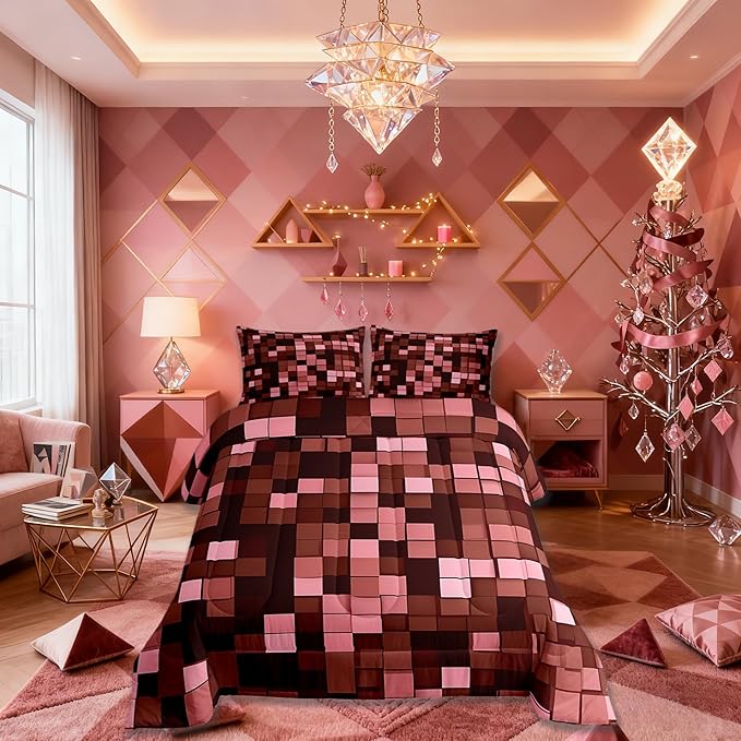 Miners Pixel Checked Kids Bedding Set King Size,Video Games Check Lattice Comforter Set，Game Cartoon Gamepad Quilt Comforter,Dark Red Bedroom Duvet Insert,2 Pillowcases