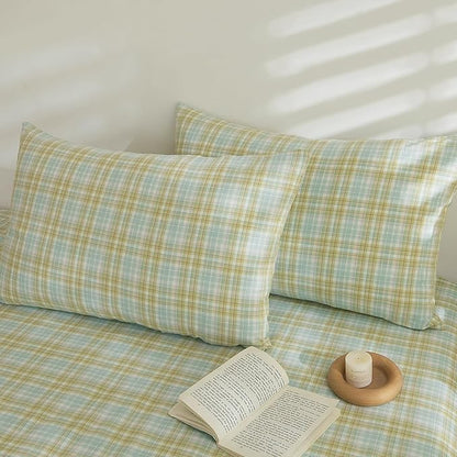 EAVD Vintage Style Yellow&Green Plaid Comforter Set Queen Soft Washed Cotton Grid Checkered Comforter Set Retro Gingham Bedding Set with 2 Pillowcases Farmhouse Gingham Comforter Set for All-Season