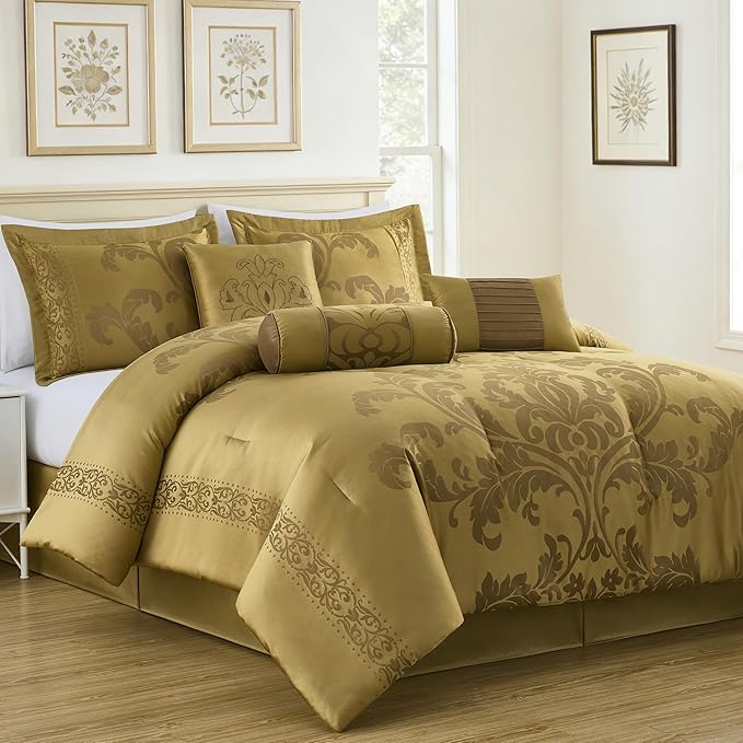 Chezmoi Collection 7-Piece Jacquard Floral Comforter Set (King, Gold)